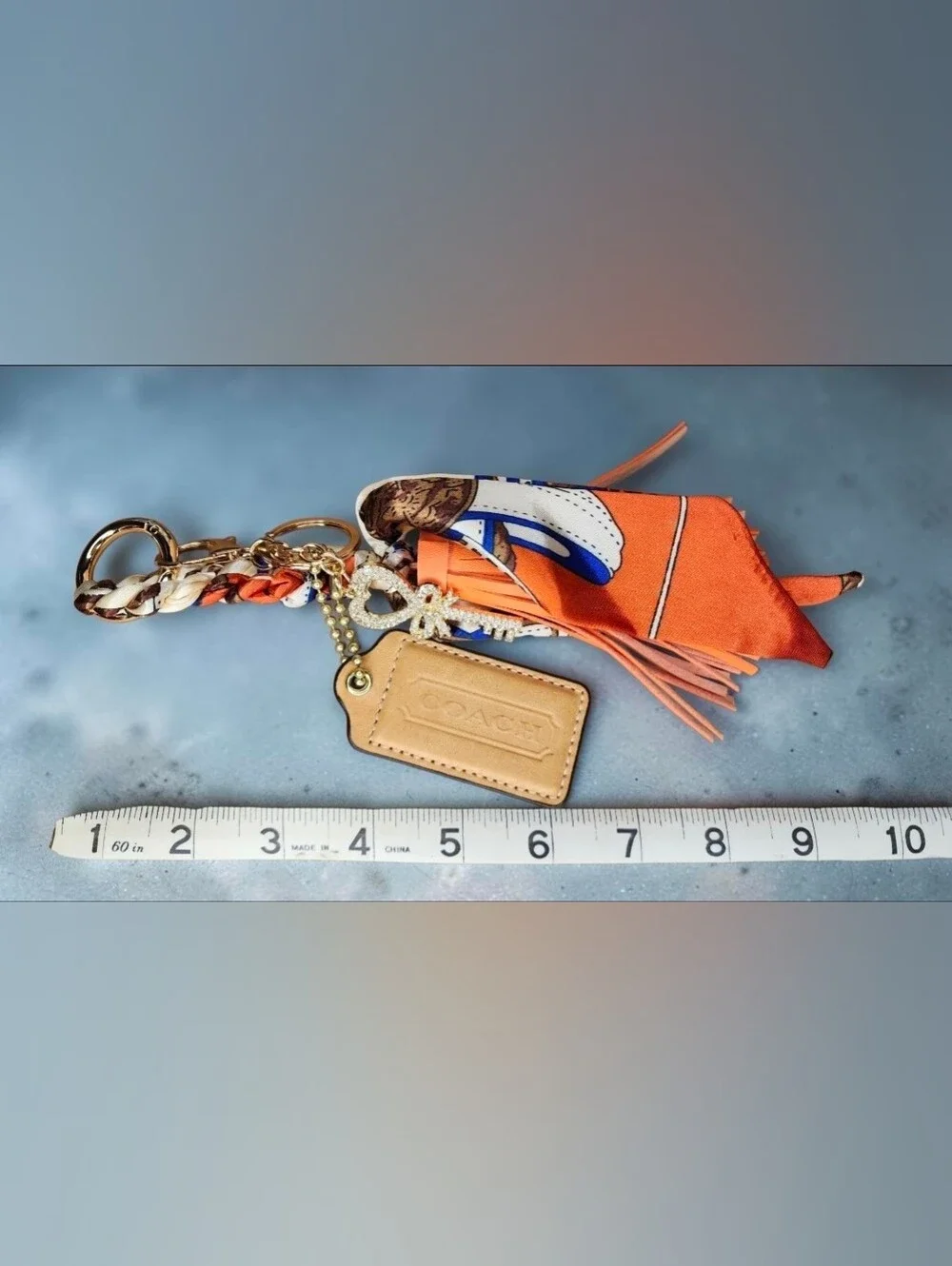 Coach Orange & Blue Scarf Tassel Keychain with Crystal Key & Heart Charm